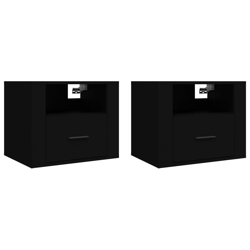 YUANCHUTOP Set of 2 Floating Bedside Tables with Drawer and Shelf, 2 Tier Bedside Cabinet, Nightstand Organiser Wall-mounted, Small Bedroom Furniture, 50x36x40 cm, Black