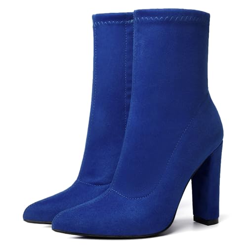 risdoada Blue Sock Boots for Women Ankle Booties Heeled Sexy Dress Fall Winter Mid Calf Boots Party Cosplay