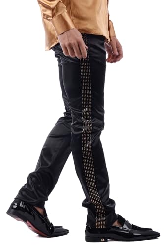 Barabas Men's Rhinestone Shinny Chino Dress Black Red Pants 1815