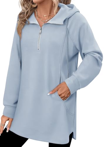 onlypuff Women Hoodie Pullover Trendy Quarter Zipper Lapel Sweatshirts Drawstring Cute Hooded Tunic Tops with Side Pockets