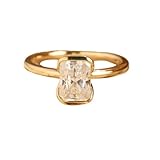 Silvart Half Bezel Set Radiant Cut Diamond Proposal Promise Engagement Ring Low Set 14K Yellow Gold Plated 925 Sterling Silver Handmade Customized Personalized Jewelry Anniversary Women Ring