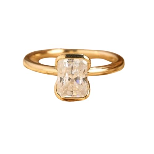 Silvart Half Bezel Set Radiant Cut Diamond Proposal Promise Engagement Ring Low Set 14K Yellow Gold Plated 925 Sterling Silver Handmade Customized Personalized Jewelry Anniversary Women Ring