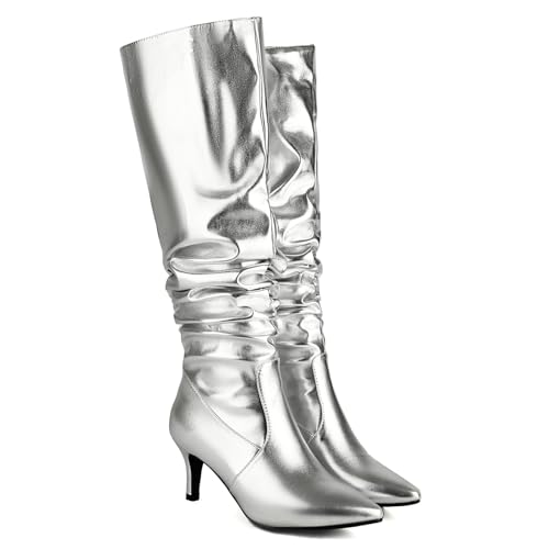 Roimaash Elegant Dressy Slouch Boots Kitten Heels Pull on Thigh High and Knee High Boots2