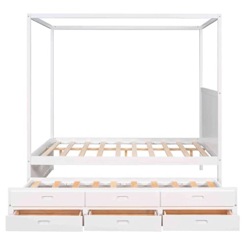 Cotoala Queen Size Canopy Platform Bed, Bedroom Bedframe Furniture With Twin Size Trundle And 3 Storage Drawers For Kids, Home, Adults, No Box Spring Need, White #TOP5