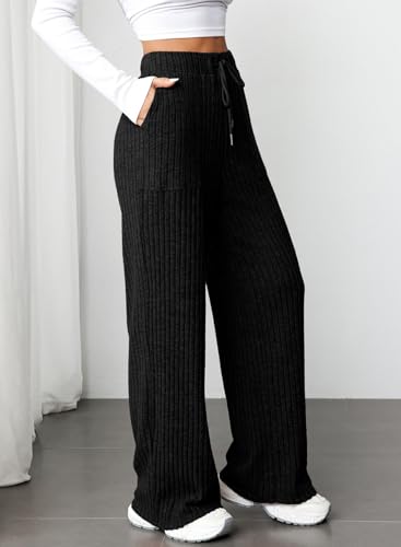 Aleumdr Womens Ribbed Wide Leg Lounge Pants with Pockets Casual Relaxed Comfy Loose Soft Knit Pajama Pants with Drawstring2