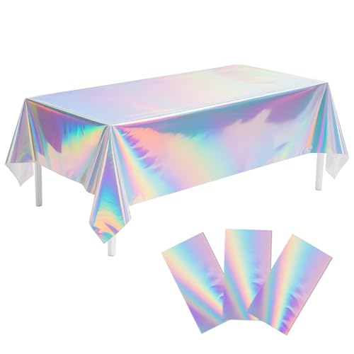 Image of Childom 3 Pack Iridescent Tablecloth,54 inch x 108 inch Birthday Party Tablecloths Iridescence Plastic Disposable Table Covers Iridescent Party Decorations,Plastic Tablecloth for Buffet Table,Birthday Decors