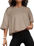 Crop Tops for Women Summer Oversized Cropped T Shirt Half Sleeve Loose Fit Casual Tees(Khaki,L)