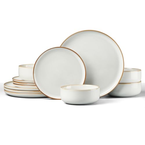 HaWare 12 Piece Dinner Set, Stoneware Dinnerware Set for 4, Reactive Glaze Dining Ware Include Plates and Bowls, Chip and Scratch Resistant, Microwave & Dishwasher Safe, Pearl White