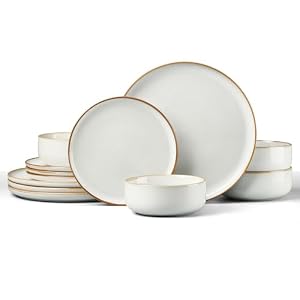 HaWare 12 Piece Dinner Set, Stoneware Dinnerware Set for 4, Reactive Glaze Dining Ware Include Plates and Bowls, Chip and Scratch Resistant, Microwave & Dishwasher Safe, Pearl White