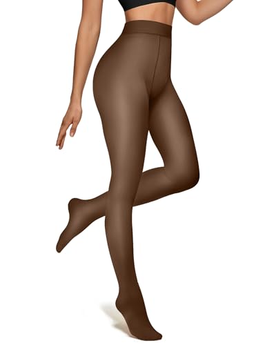 Image of OEAK Womens Fleece Lined Tights Fake Translucent Pantyhose Thermal Opaque High Waisted Winter Legging Footed Sheer Tights 300g Toffee 2XL