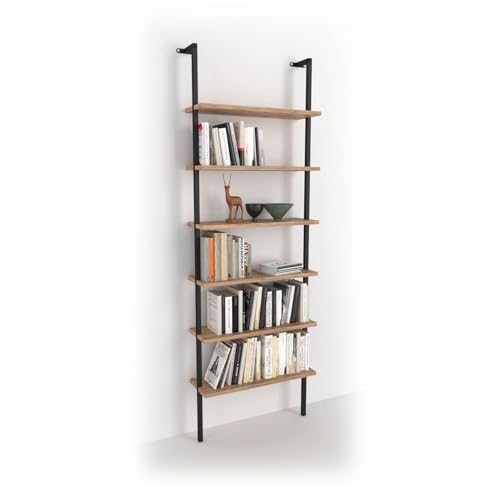 Alexandra House Living Estantería Escalera de Pared de Estilo Industrial con 6 estantes melamina Roble Safir y Estructura metálica Pintado Negro. (Alto 180 cm/Ancho 60 cm/Fondo 20 cm) -