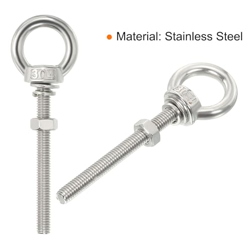 Image of uxcell M4*60 3 /16 inchx2.36 inch Stainless Steel Eye Bolts Threaded Screw Eyebolt Shoulder Ring with Nuts Washers for Lifting Hanging, 2 Set