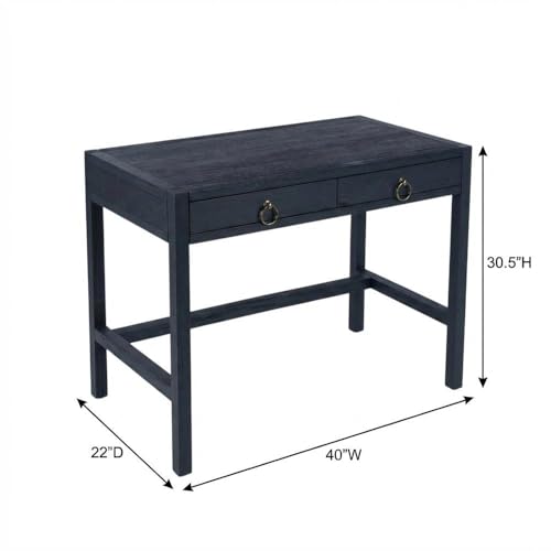 Image of Transitional Writing Desk with 2 Drawers, Acacia Wood Home Office Computer Workstation in Blue with MDF Construction