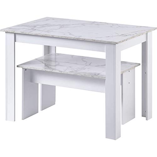 Pumpumly - Juego de mesa de comedor con 2 bancos para cocina, comedor, mármol artificial pequeño espacio (blanco)
