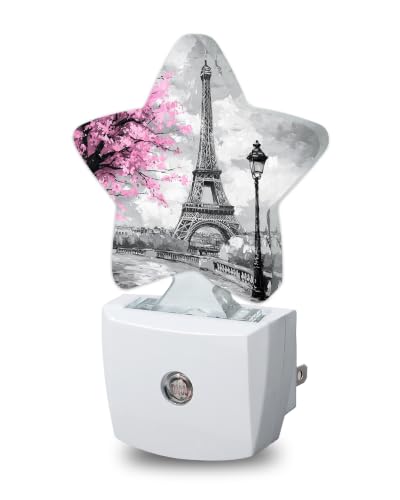 Image of Star Night Light Plug in, Eiffel Tower Dusk to Dawn Sensor Night Light, Soft Glow Lamp for Kids Bedroom Nursery Hallway Bathroom, Energy Saving Compact Design