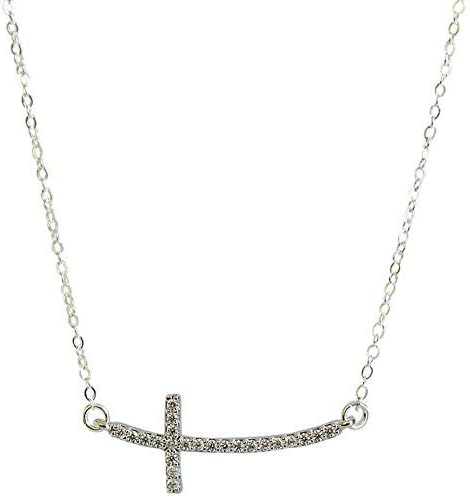 Designed By Stacey Handmade Sideways Curved Cross Necklace, Sterling Silver Chain, Sparkly Cubic Zirconia Religious Jewelry, Gifts for Her, Confirmation, Birthday, Wedding, 16 to 18" Adjustable Chain