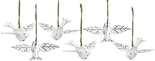 AuldHome Vintage Distressed White Bird Decorations (Set of 6); Metal Hanging Ornaments