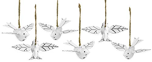 AuldHome Vintage Distressed White Bird Decorations (Set of 6); Metal Hanging Ornaments