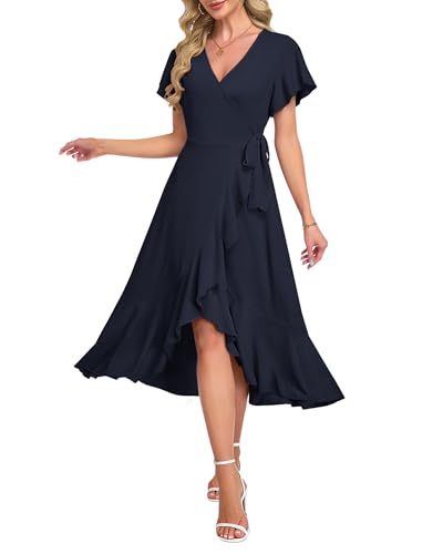 Image of AUSELILY Women Summer Midi Dresses Wrap Short Flutter Sleeve Elegant Dress | High Slit,High-waisted,Ruffled Hem,V-Neck,Fixed-strap Design,Skin-Friendly,Breathability,Wedding Guest Dresses