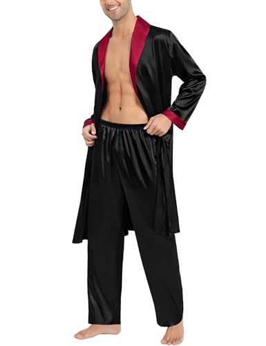 SWOMOG Men's Satin Robe with Pants Set Silky Kimono Bathrobe Lightweight Soft Sleepwear Loungewear4