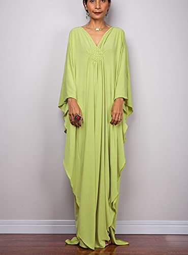 beach cover up vneck Caftan Women's Plus size Caftans solid color silk feeling kaftan dresses loose soft kaftan dresses loungewear light weight side split Beach Maxi Dresses 8702-6 (A-Green) - Image 6
