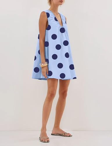 Image of Women Polka Dot Babydoll Mini Dress Scoop Neck Ruched Short Dresses Party Tank Dress with Pockets(Blue L)