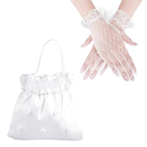 1 bolso de mano de boda con 1 par de guantes de encaje, bolso de boda para novia, bolso de dama de honor, bolso para boda, accesorio de comunión para niñas (blanco)