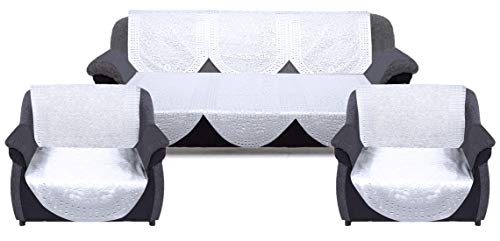 Image of Kuber Industries Flower Design Shining Cotton 6 Pieces 5 Seater Sofa Cover Set (White) CTKTC34054