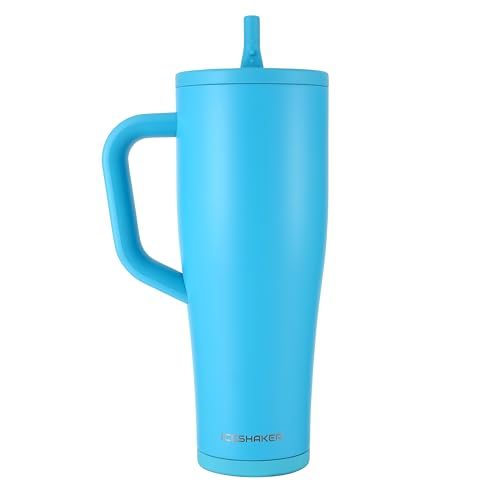 Image of Ice Shaker 40 oz Tumbler with Handle and Straw | 40oz Caribbean Blue | Cold for 30+ Hours | 2-in-1 Tumbler Shaker Bottle | Odor-Free 40 ounce Bottle for Water, Protein Shakes, Smoothies, Cocktails