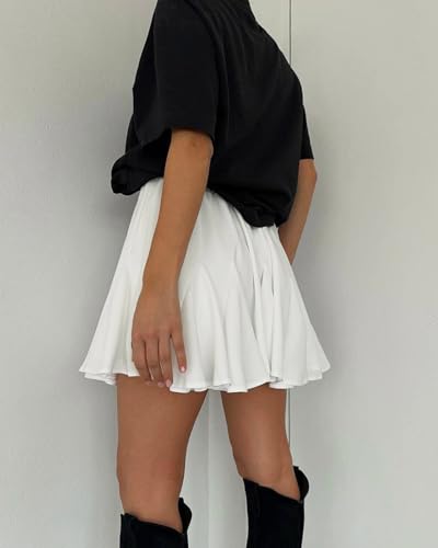 CORIRESHA Women's Elastic Waist Patched Ruffle Hem A-line Mini Skater Skirt2