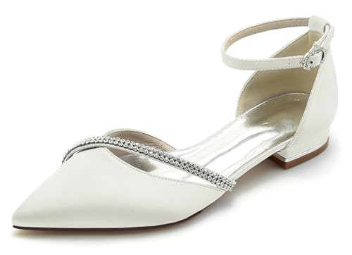 Minishion Women Girls Wedding Flats Ankle Strap Comfortable Evening Formal Party Pumps Shoes with Crystals BR240