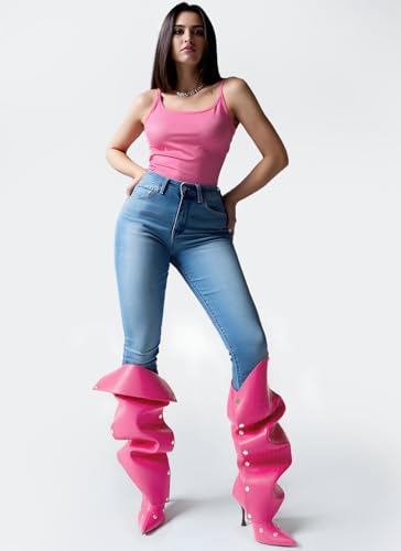 KaroNairy Knee High Boots for Women Pointed Toe Stiletto High Heel Boot Detachable Snap-off Panel Fold Over Fall Shark Boots3