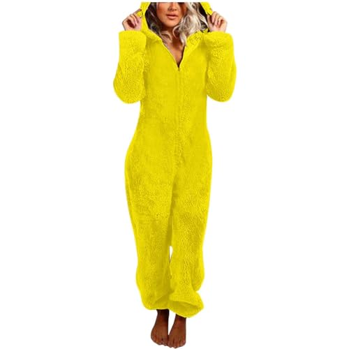 Generisch Mono de mujer de manga larga, monocolor, cremallera, suave, cómodo, pijama de invierno, amarillo, S