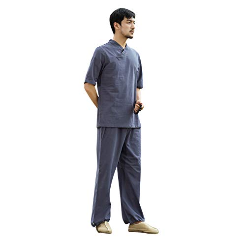 KSUA Traje de meditación Zen de algodón Uniforme de Tai Chi para Hombre Ropa de Kung Fu Chino Ropa de Yoga con Medias Mangas, Gris Azul EU L/Etiqueta XL
