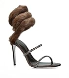 MissHeel Brown Fur Heels Rhinestone Strap Stiletto Heel Wrap Around Heeled Sandals with Diamond High-heel Dress Shoes Sparkly Size 9