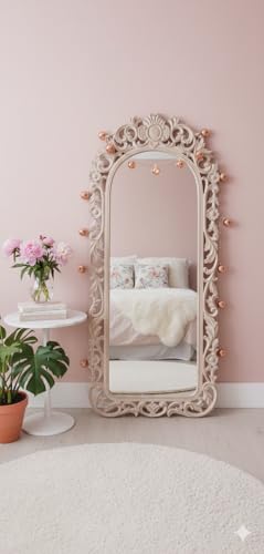 Image of Wooden Hand-Carved Mirror Frame, Full Length, Taj Look Design, Antique White, Wall Mounted, Without Mirror only frame For Bedroom Home Decor| Living Room | Wall Hanging size 24x48 inch
