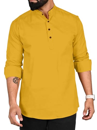 Image of ROYALSCOUT Men Cotton Blend Short Kurta with Mandarin Collar and Button Placket | Full Sleeve Regular Fit Ethnic Wear for Casual and Festive Use