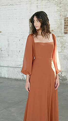 BONOYUER Women's Puffy Long Sleeve Bridesmaid Dresses with Slit A Line Square Neck Formal Prom Evening Gown4