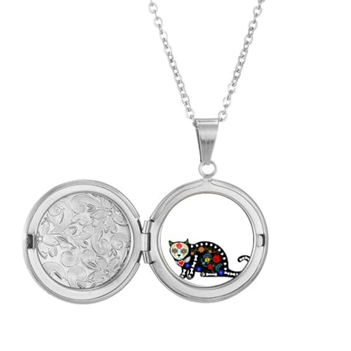 Collier médaillon chat noir fleur Halloween pendentif terreur gothique