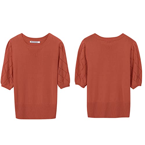 Image of Womens Short Sleeve Sweaters Crewneck Knit Pullover Tops 2025 Summer Casual Lightweight Crochet Blouse Shirt