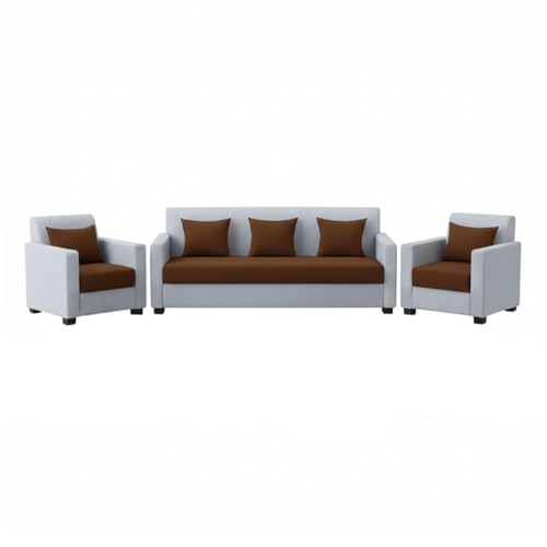 Image of FURNY Lexon 5 Seater Fabric 3+1+1 Sofa Set (Brown-Light Grey) Premium Velvet Finish | Durable & Comfortable | Ideal for Living Room