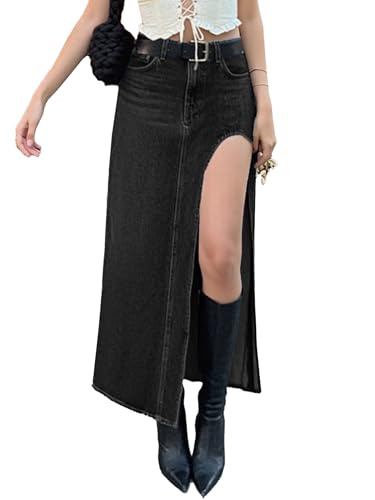 EMMIOL Jean Maxi Skirts for Women Side Slit Sexy Dress 2025 Fall Trendy Sexy Denim Long Skirt