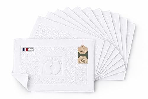 Caramont Lot de 12 Tapis de Bain 50x70 cm – 100% Coton, Doux et Absorbants, Séchage Rapide, Qualité Hôtelière – Blanc – pour Salle de Bain, Maison,...