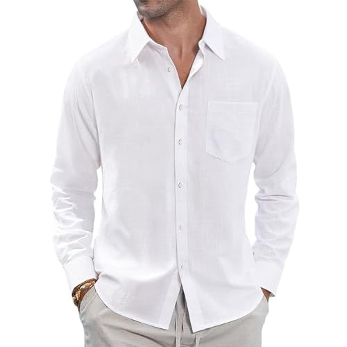 J.VER Men’s Linen Shirts Casual Button Down Long Sleeve Shirt Solid Spread Collar Summer Beach Shirts with Pocket
