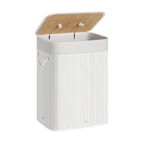 21Bamboo Eleganter Bambus Wäschekorb 72L mit Deckel Stabiler & Faltbarer Wäschesammler Herausnehmbarer Wäschesack für Badezimmer Schlafzimmer oder Kinderzimmer Natürliche Optik (weiß)