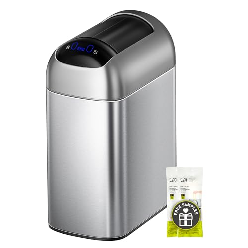 Image of EKO Astro Slim Sensor Trash Can, 10L / 2.6 Gallon Touchless Garbage Bin with Soft-Close Retractable Wing Lid, Motion Sensor Stainless Steel Trash Can for Bathroom, Kitchen and Office, Waterproof