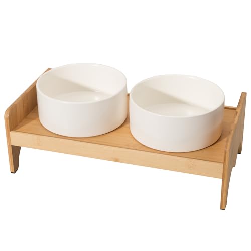 Elevated Ceramic Dog Bowl Set - Double Dog Bowls with Bamboo Stand Anti Vomiting - Raised Dog Food and Water Bowl Set - Dog Feeding Bowls - Fit for Small and Medium Sized Dogs - 28.74 OZ - 3.6 Cups