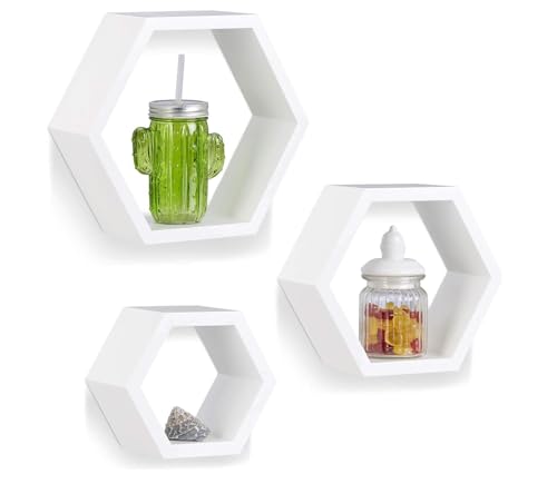 Image of PREMZO Hexagon Floating Wall Shelves – Wooden Honeycomb Wall Mounted Shelf Set of 3, Rustic Farmhouse Geometric Storage for Bedroom, Kitchen, Living Room Display Décor (White)