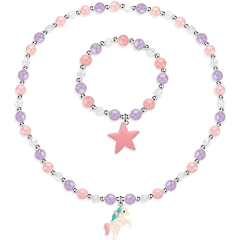 Yaomiao Kinder Schmuck Set Einhorn Perlen Halskette und Armband Schmuck für Mädchen Kinder 2 Stück Mädchen Halskette Einhorn Armband Set für Geschenke Geburtstag Spielzeug Cover