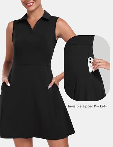 MoFiz Tenniskleid mit Hose Damen Ärmellos V-Ausschnitt Sommer Golf Sportkleider Freizeitkleider Polokleid mit Reißverschlusstaschen Schwarz EU L